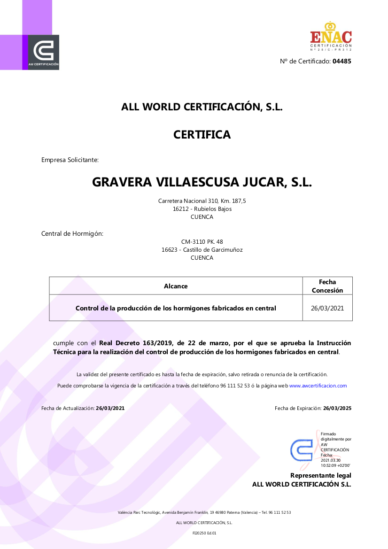 Certificado Control de Producción en Fábrica Castillo de Garcimuñoz