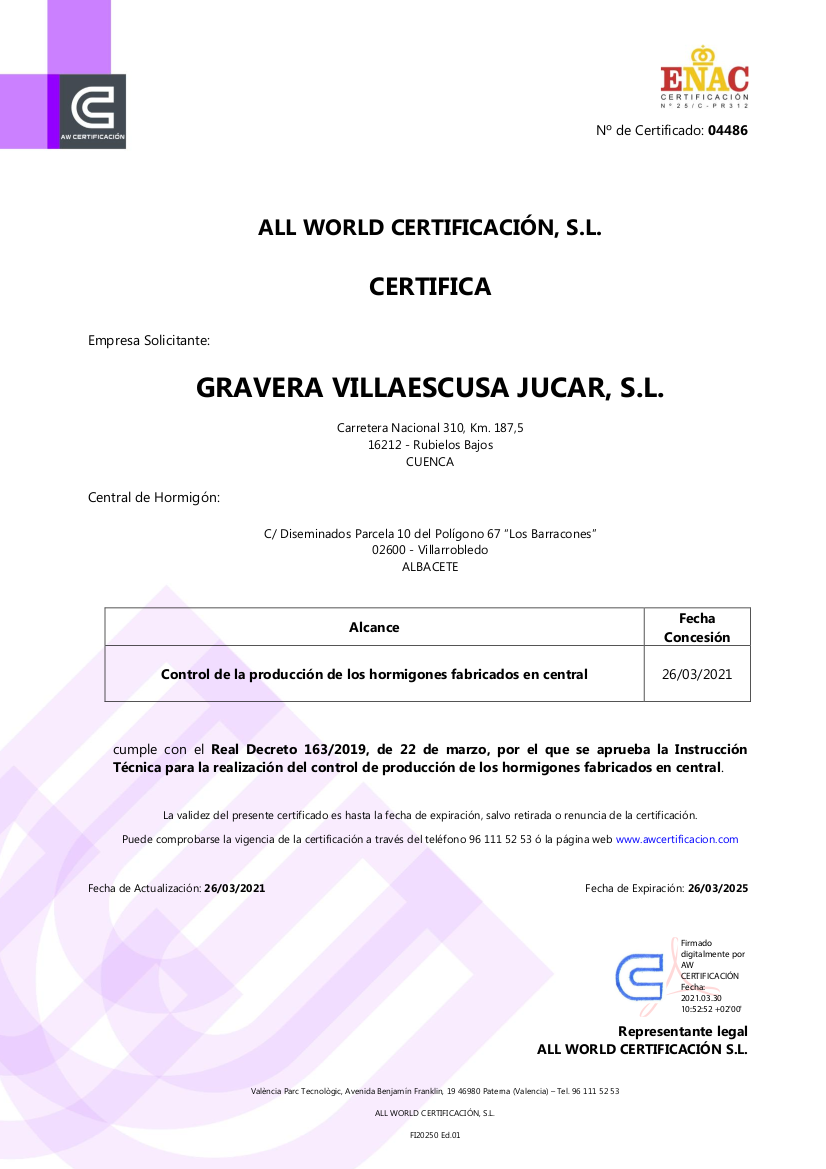 Certificado Control de Producción en Fábrica Villarrobledo