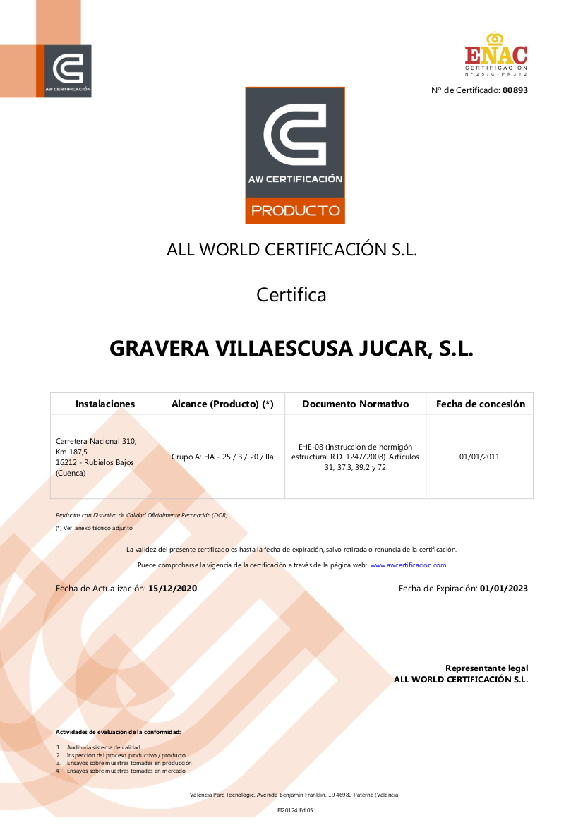 Certificado de Producto Hormigón Rubielos Bajos